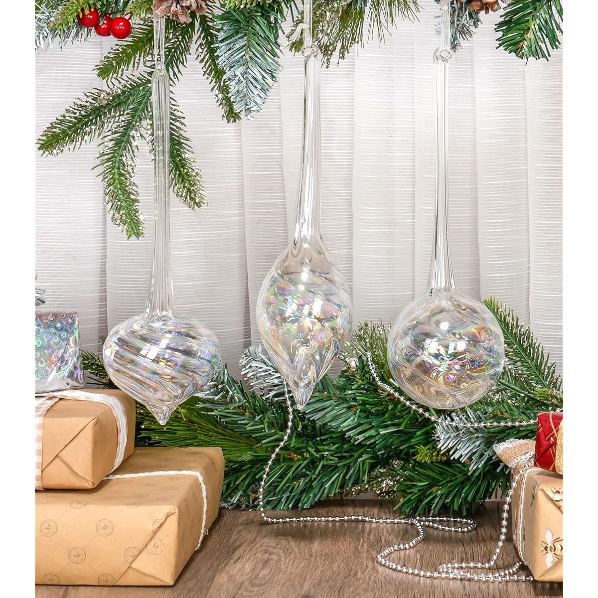 Red Co. 9.25" Decorative Glass Hanging Christmas Tree Ornaments, Set of 3, Iridescent Clear Olive, Ball & Onion