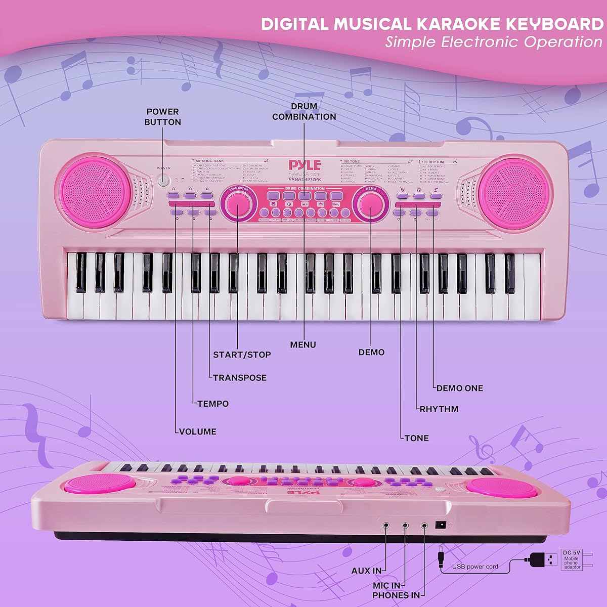 Pyle Electric Keyboard 49 Keys Portable Digital Musical Karaoke Piano Keyboard 100 Songs/Rhythms 50 Demos Rechargeable Battery Wired Microphone for Beginners Kids Adults PKBRD4912PK (PKBRD4912PK.3)