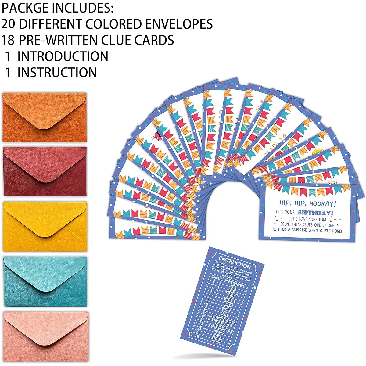 Happy Birthday Treasure Hunt Clue Game Cards, Birthday Party Scavenger Hunt Card Game (20 Cards with Colorful Envelopes), Indoor Outdoor Party Game Supplies for Children Adults Family Teachers Students (A06)