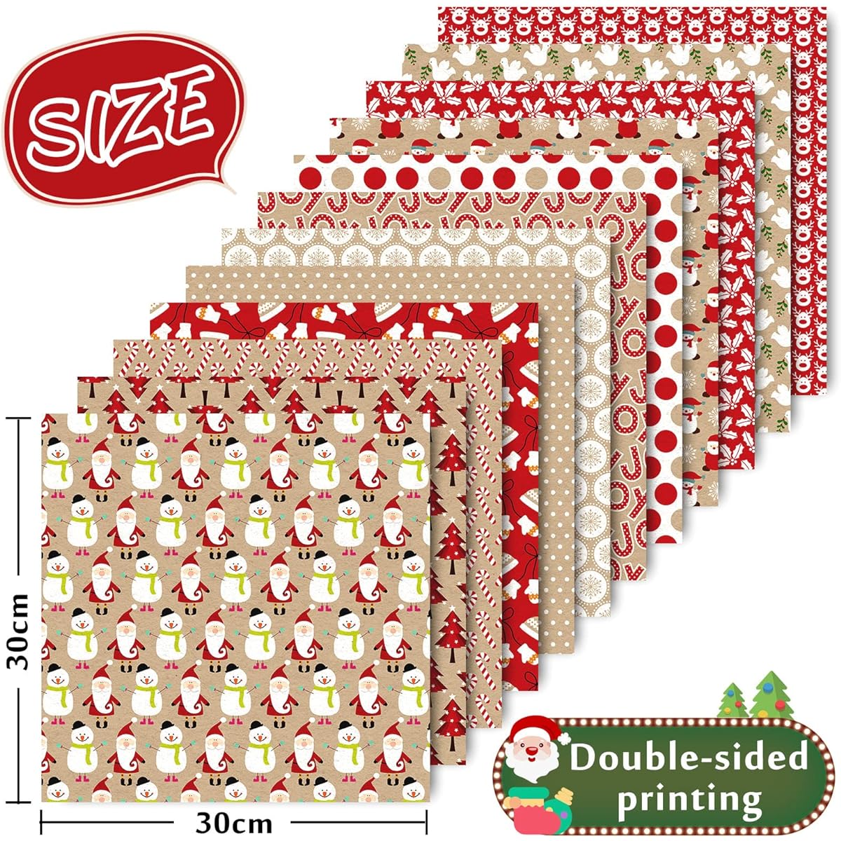 Whaline 24 Pack Christmas Paper 30x30cm Kraft Red Scrapbook Paper Double Sided Cute Santa Reindeer Snowman Craft Paper for DIY Card Making Scrapbook Photo Album Decoration 12 Designs