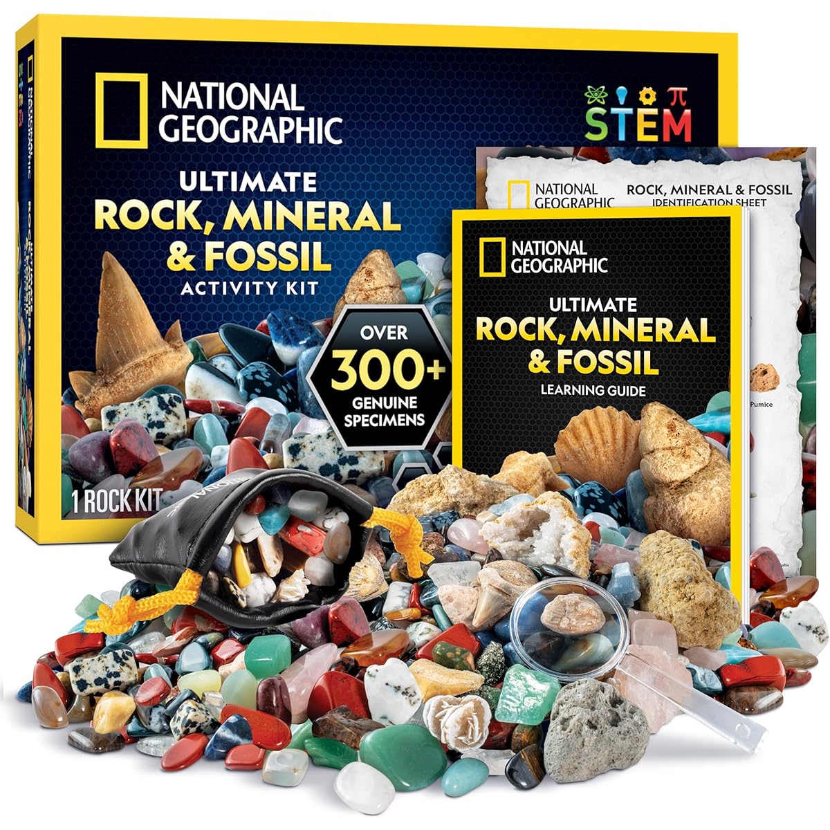 NATIONAL GEOGRAPHIC Geography Set - 3 Rocks, Fossils and Crystals Kit, Cultivate, Rock Salt, Minerals, Fossil Collection, Dig Up 15 Real Gems, Great STEM Science Kit for Boys and Girls