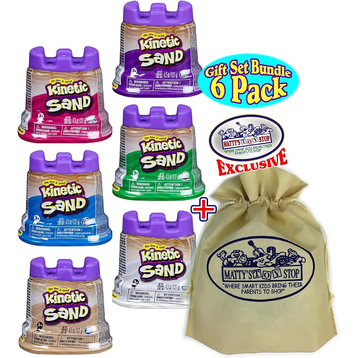 Kinetic Sand Modeling Sand 4.5oz Containers Pink Green Purple White Beige Blue Gift Set with Bonus Mat's Toy Stop Storage Bag - 6 Pack