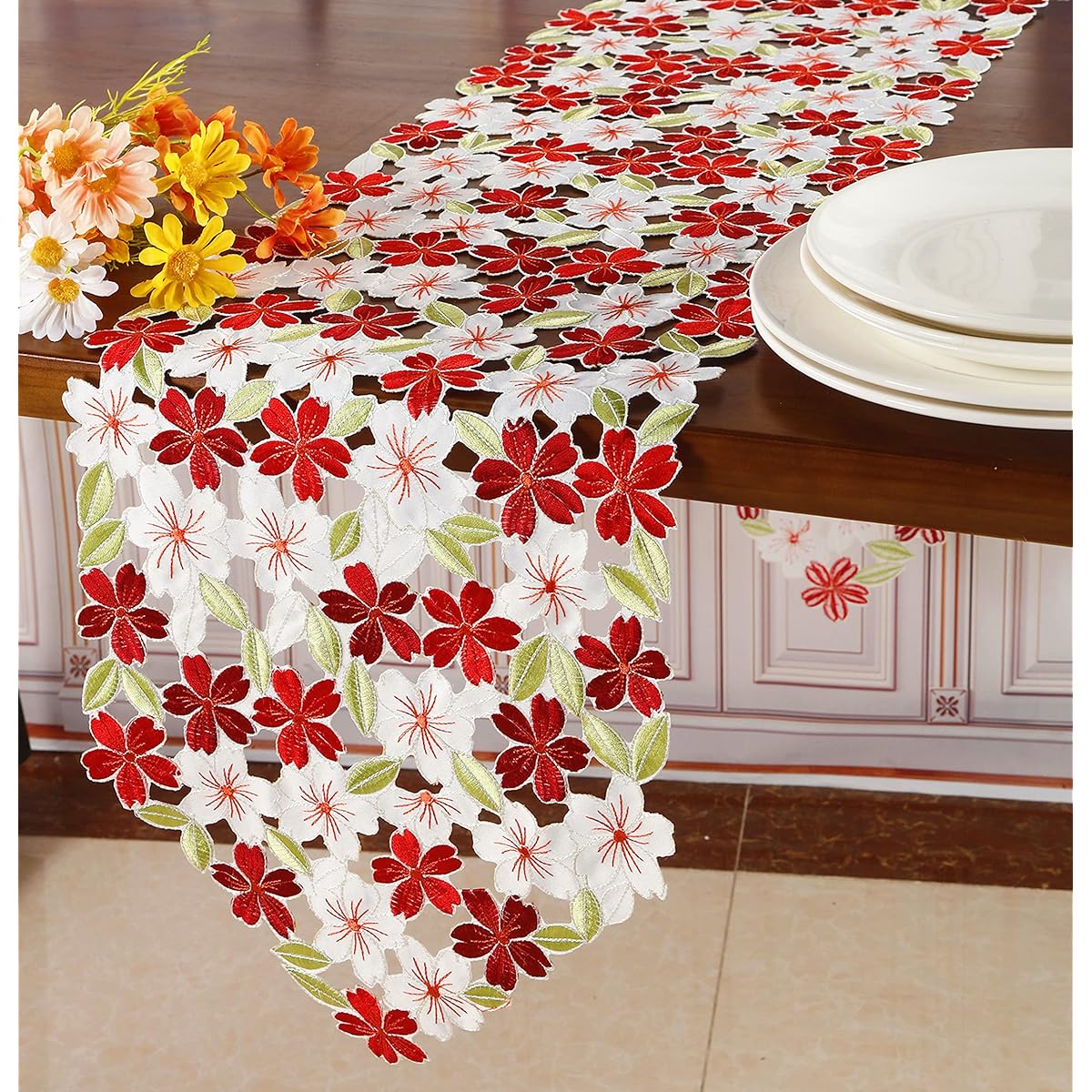 GRANDDECO Floral Embroidery Table Runner/Placemat Embroidery Cutwork Floral Dresser Scarf Table Topper Home Kitchen Dining Table Top Decor Runner 13" x 68" Red