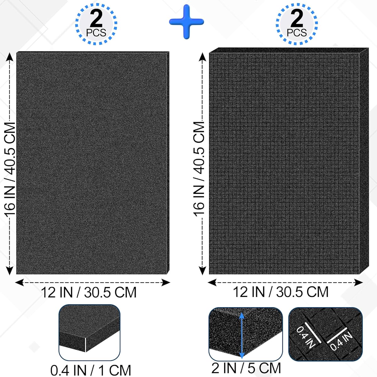 4 Pieces Pick and Pull Foam Sheets 2 Sizes Polyurethane Pick Apart Foam Insert Pad with Bottom Camera Connecting Case Tool Game Box Storage Drawer (2P 16" x 12" x 0.4" 2P 16" x 12" x 2")