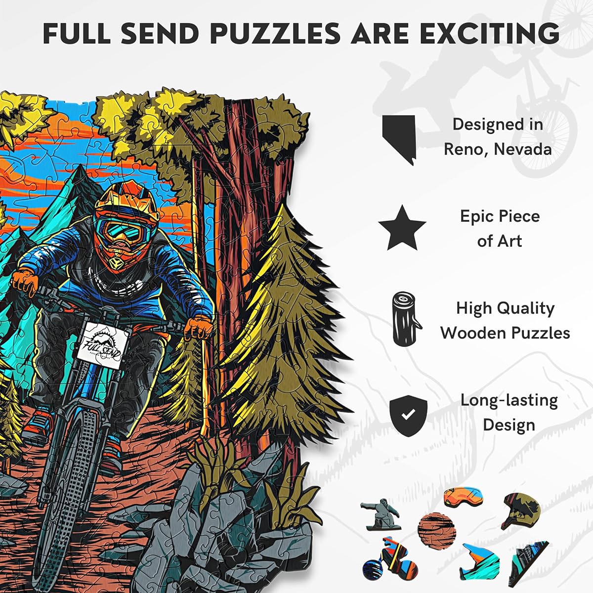 Full Send Puzzles and Games Wooden Jigsaw Puzzle, First Send, Best Mountain Bike Gifts for Adults and Kids, Unique Shape Jigsaw Puzzle, 272 Pieces, 10" x 11"
