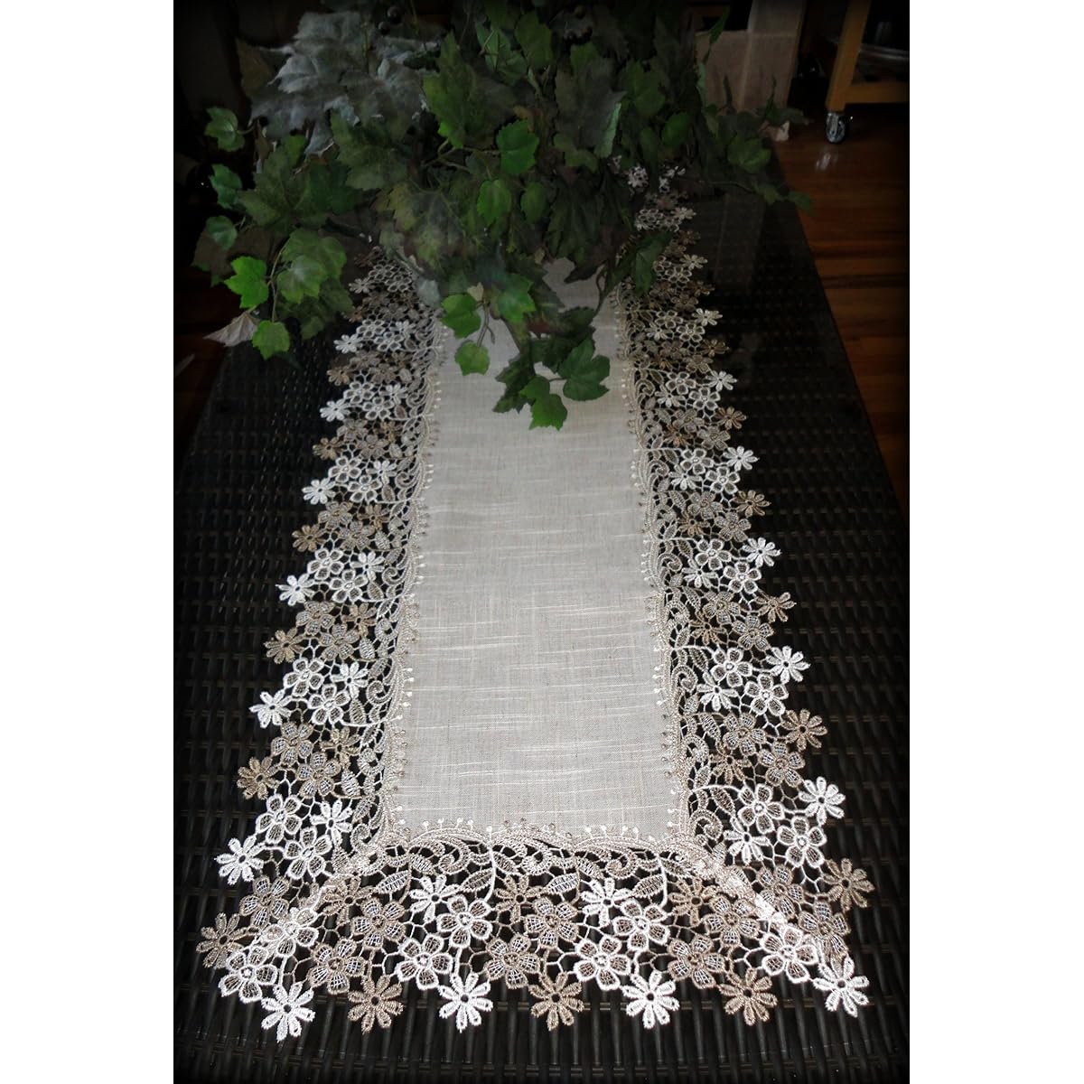 Sophisticated Floral Lace Dresser Scarf 54" Neutral Earth Tones Table Runner Daisy