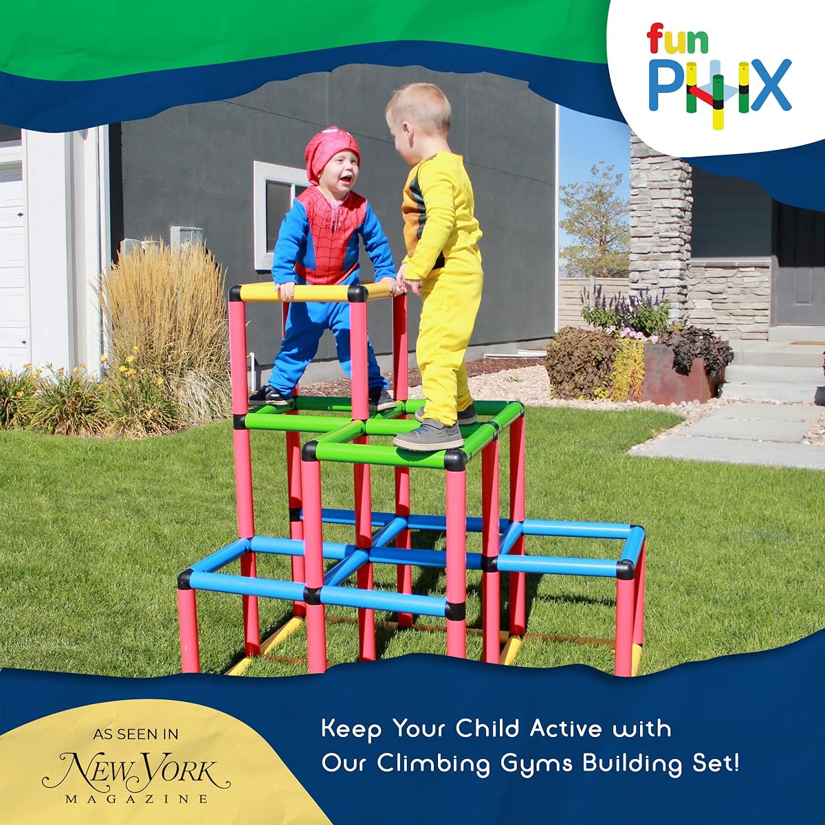 Funphix Outdoor Climbing Structure for Kids - Buildable Gym Indoor Playground & Outdoor Play Equipment for Kids - Building Kit with Tubes & Connectors - Backyard Playground Set for Crawling & Playing