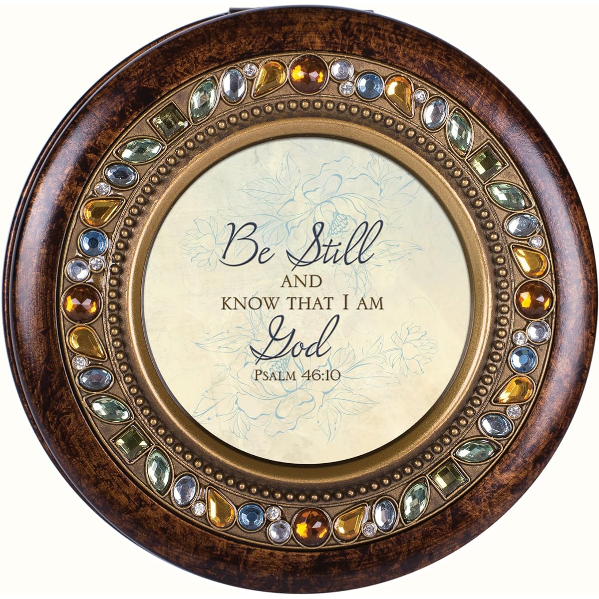 Be Still And Know I am God Burlwood Finish Round Jewelled Music Box Plays Tune How Great Thou Art