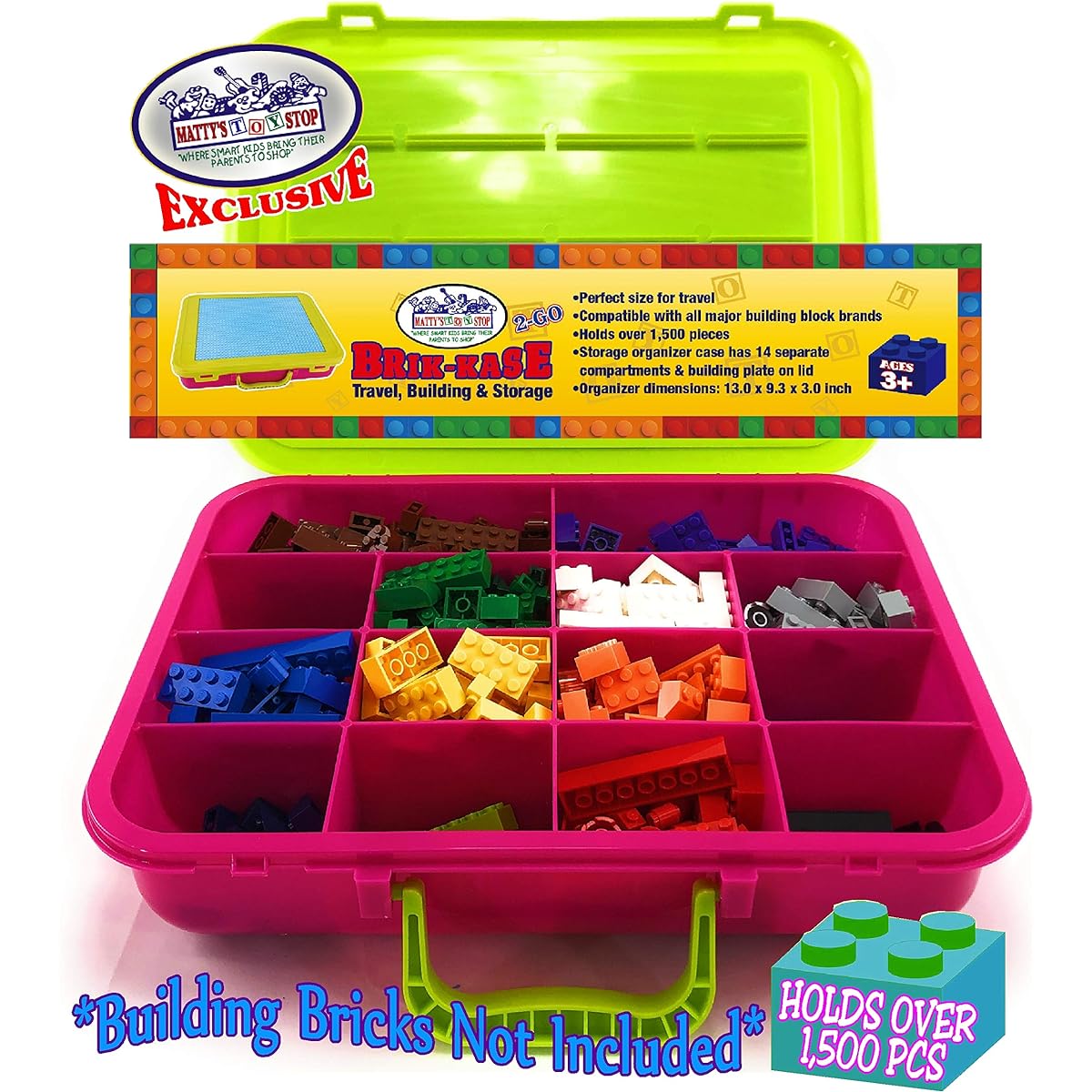Matty's Toy Stop Brik-Kase 2-GO 13" Travel Building Storage Organizer Container Case with Building Plate Lid (Holds Approx. 1,500 Pieces) - Fits All Major Brands (Pink, Lime, Aqua)