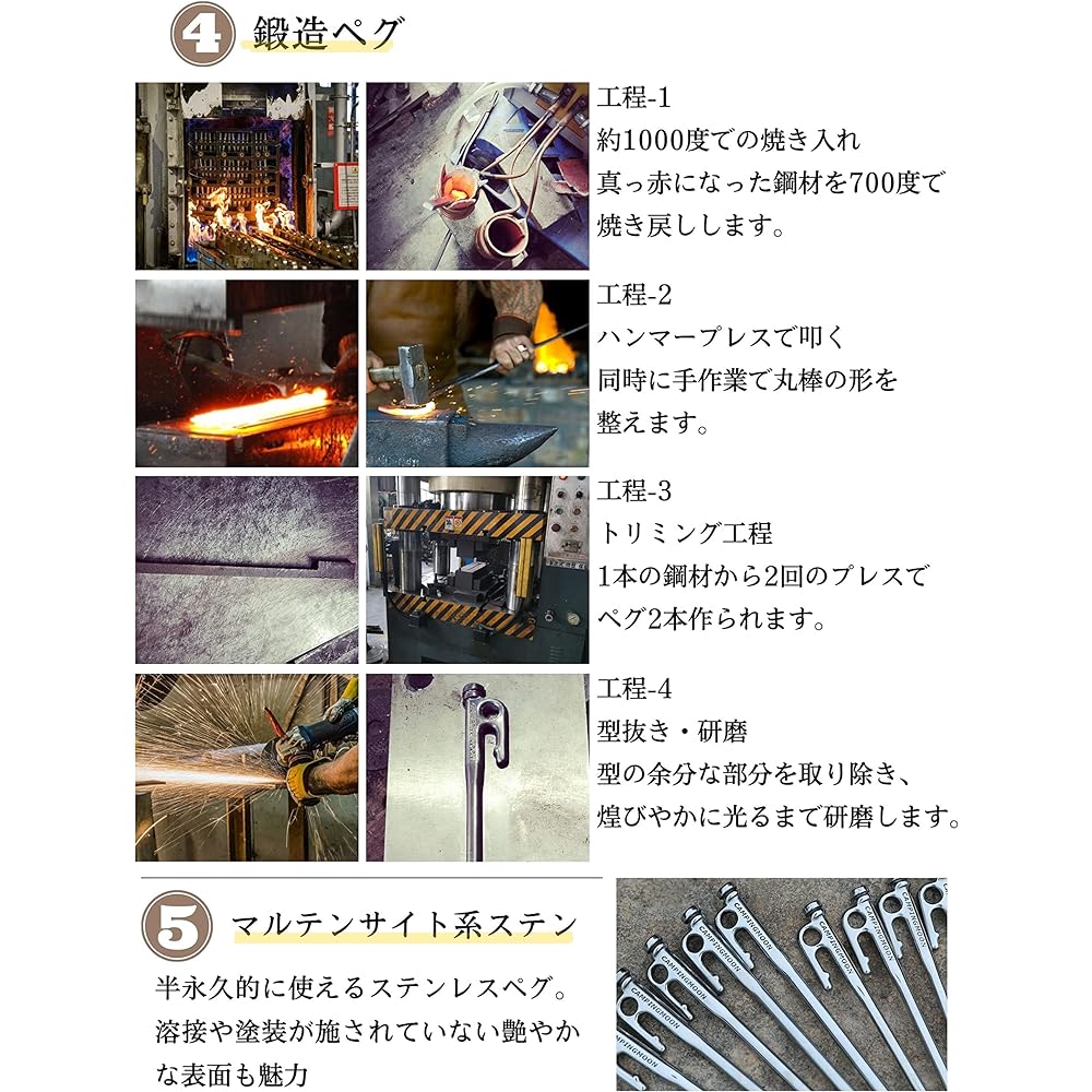 CAMPING MOON Forged pegs Stainless steel pegs Hardened fatigue strength HB366-388 Maruda stake tent pegs 20cm 8 pieces K20-8P