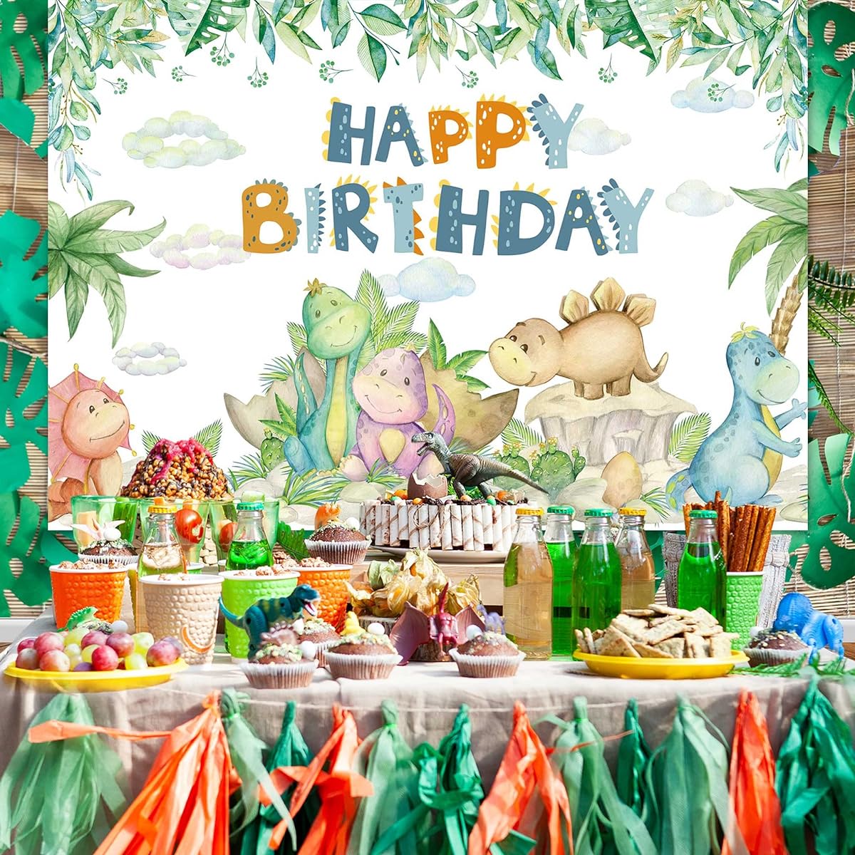 GiuMsi Polyester 5x3ft Little Cute Dinosaur Safari Jungle Backdrop Baby Kids Happy Birthday Party Decorations Photography Background Banner Photo Props