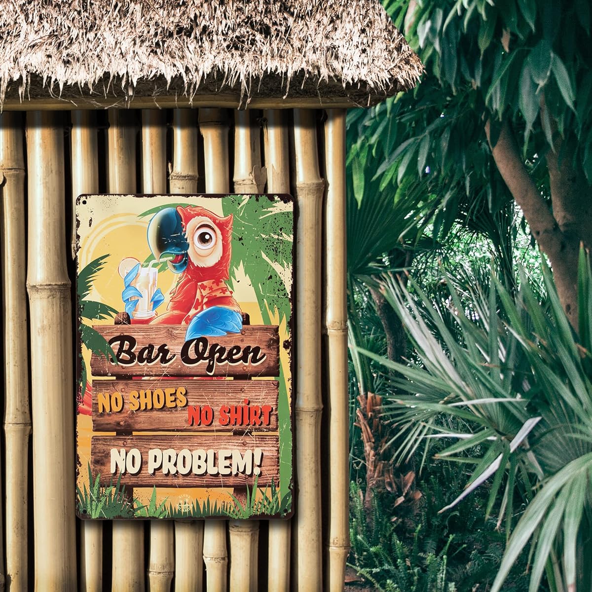 Tiki Bar Sign Tiki Bar Decor No Shoes No Shirt No Problem Design 8" x 12" 4 Screws Included Fun Tiki Signs for Tiki Bars Tiki Bar Decorations for Outdoor Patio