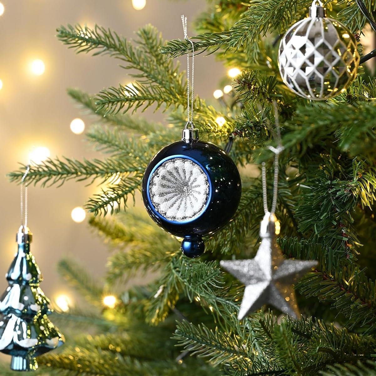 Valery Madelyn Christmas Ornament Set, 100 Karat Navy Blue Silver Shatterproof Christmas Tree Decorations Ball Ornaments Bulk Winter Wonderland Hanging Ornaments for Christmas Tree Holiday Decorations