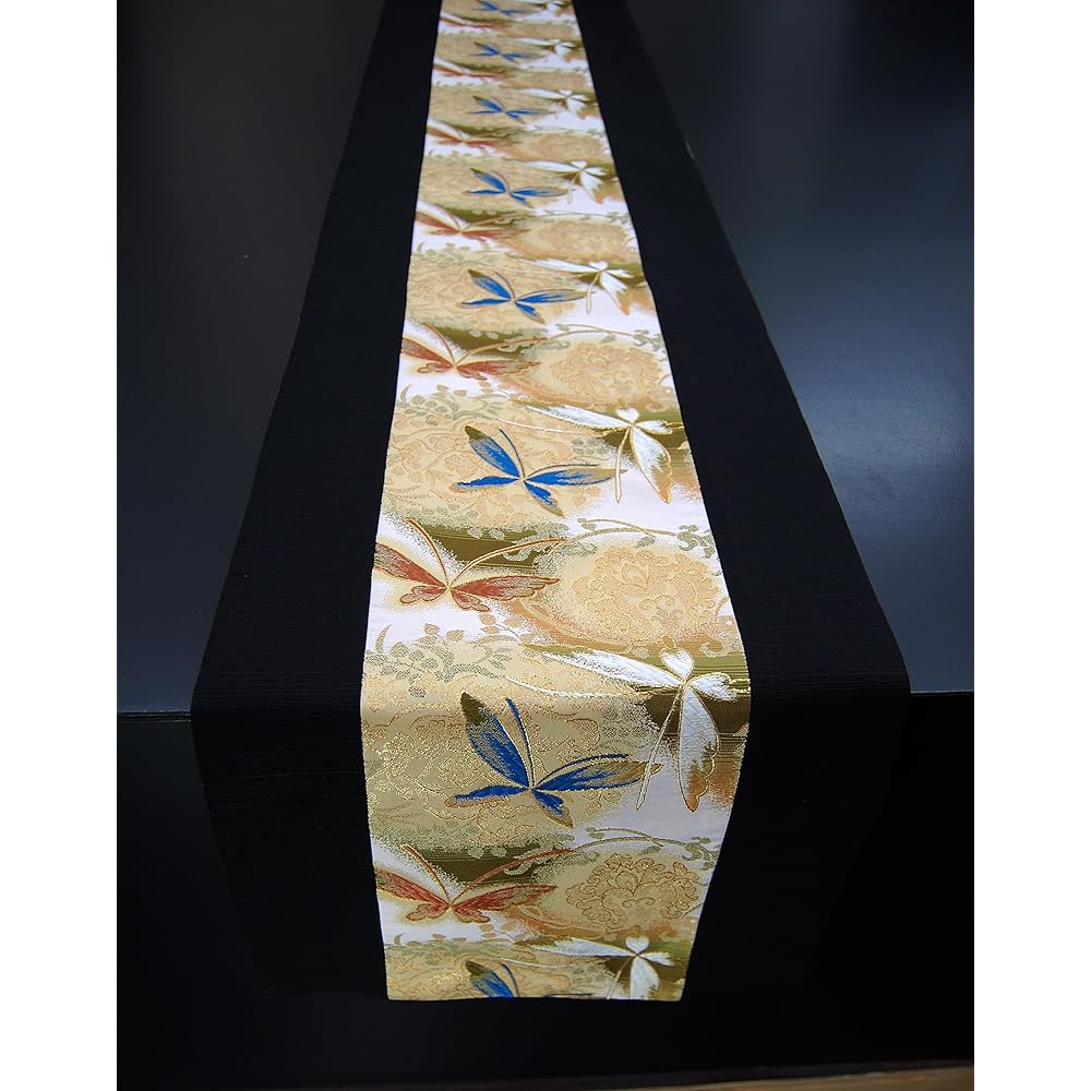 Japanese style kimono table runner, reversible gold brocade obi, boxed and wrapped, 150cm (butterfly)