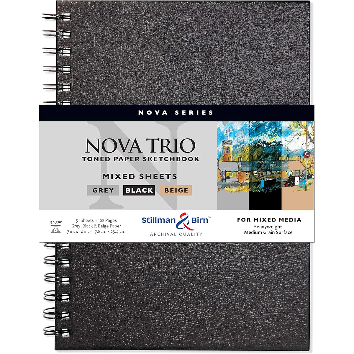 Stillman & Birn Nova Series Trio Wirebound Sketchbook, 6" x 8", 150GSM (Heavyweight), Beige, Gray & Black Paper, Medium Grain Surface