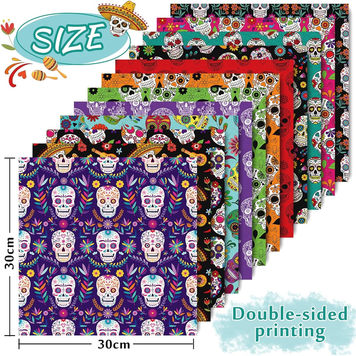 Whaline 24 Sheets Day of the Dead Pattern Paper 30x30cm Scary Skeleton Scrapbook Paper Double Sided Halloween Craft Paper for Card Making Scrapbooking Photo Album Decoration 12 Designs