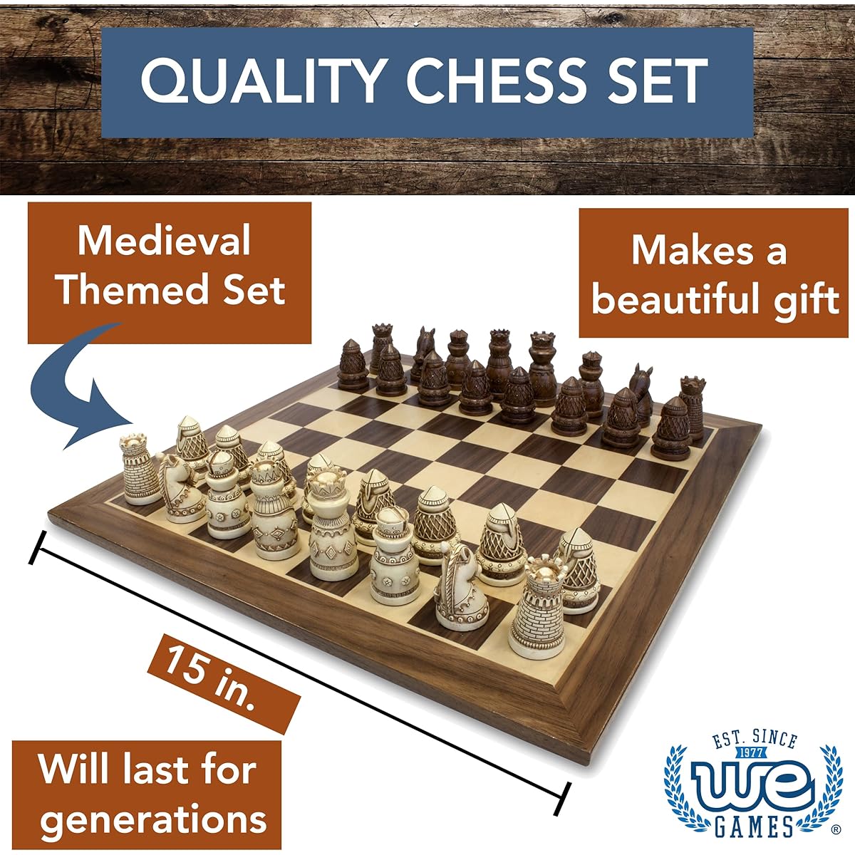 WE Games Medieval Chess Set - Polystone Pieces with Distressed Wooden Board 15 in.
