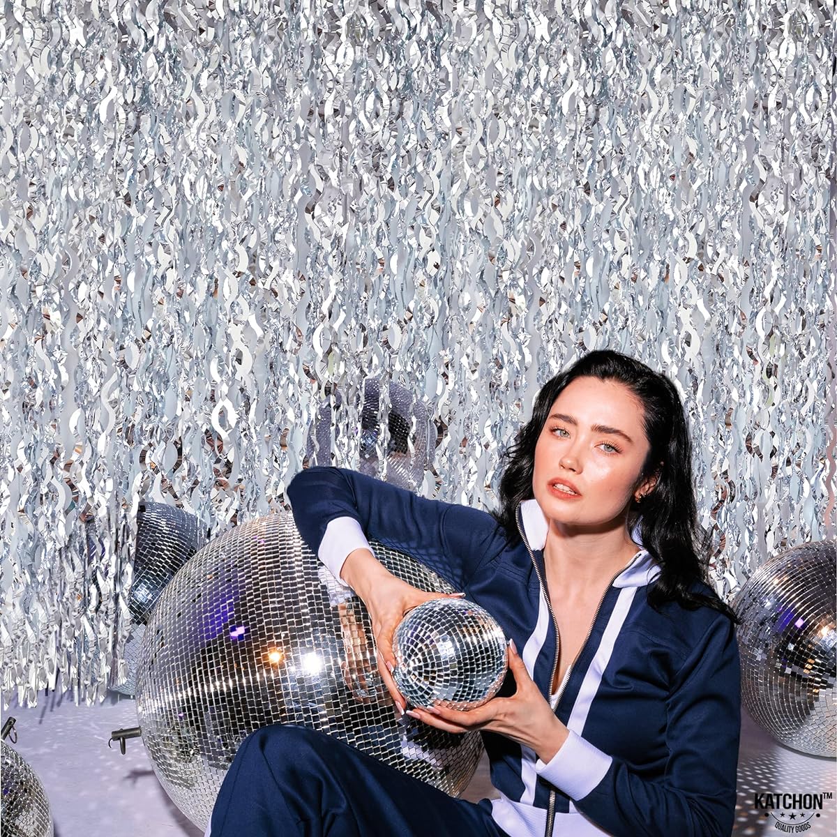 KatchOn Extra Large Wavy Silver Backdrop for Parties - 6.4x6.5ft Set of 2 | Backdrop for Disco Party Decorations | Silver Fringe Backdrop Silver Party Background | Mamma Mia Party Decorations