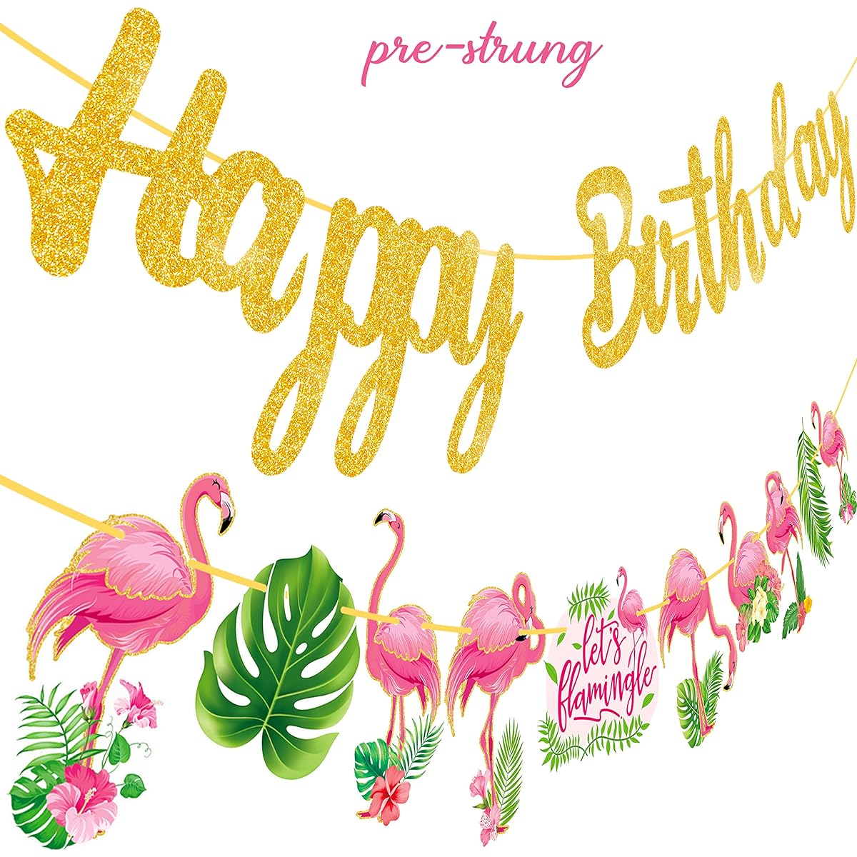 Flamingo Birthday Party Banner Hawaii Luau Birthday Party Decorations Supplies Gold Glitter Happy Birthday Banner Tropical Flamingo Theme Birthday Party Supplies
