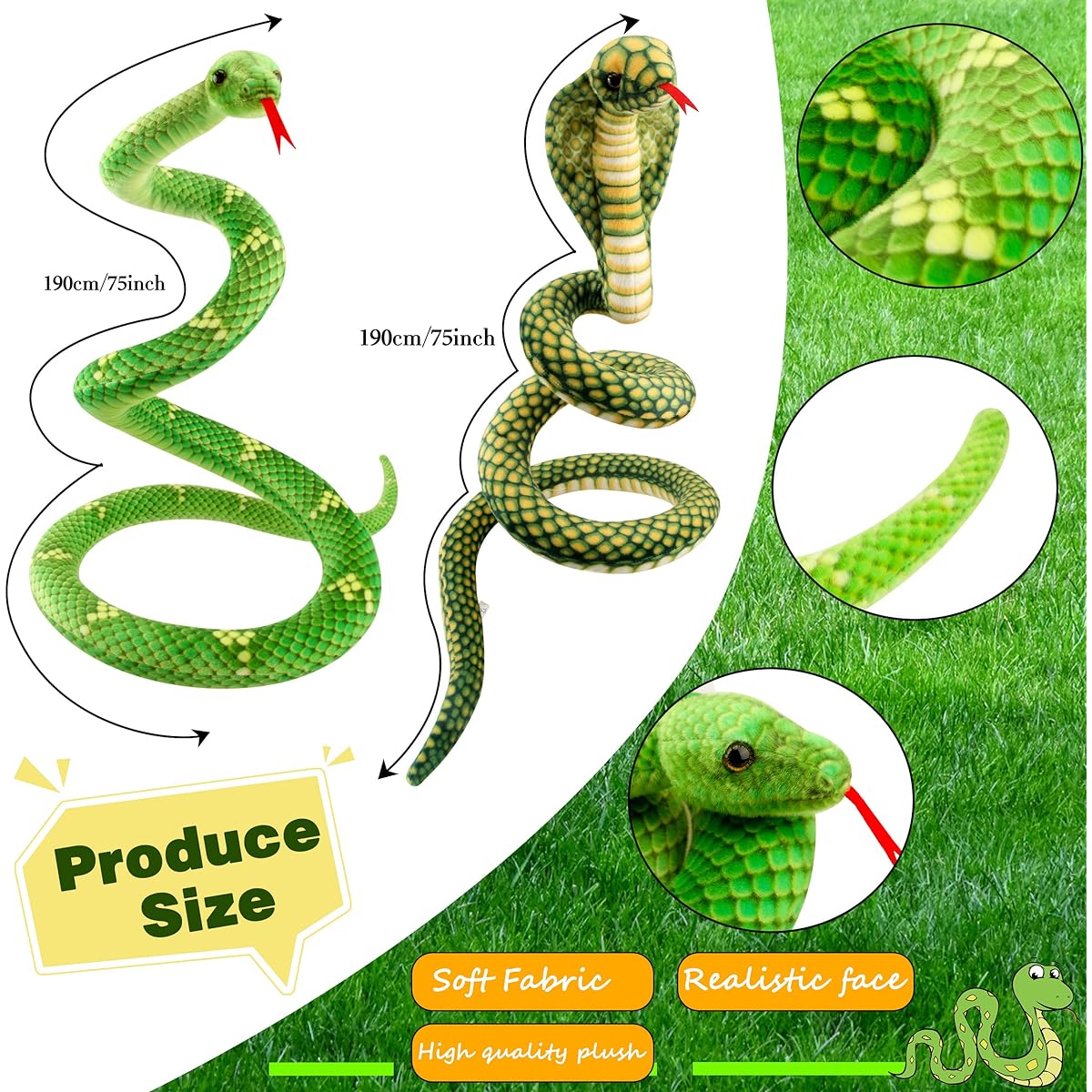 Haconba Giant Snake Stuffed Animal Toy Soft Realistic Large Cobra Plush Toy Jungle Theme Party Decoration Birthday Gift Halloween Prank Prop 2 Sizes (Green)