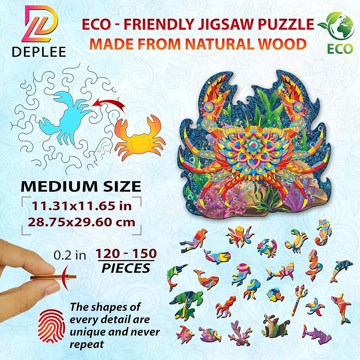 DEPLEE Wooden Puzzles for Adults Crab Wooden Jigsaw Puzzle Unique Shape Wooden Animal Puzzle Creative Challenge for Adults/Family/Friends 120-150 Pieces 11.3x11.6 Inch Medium Size
