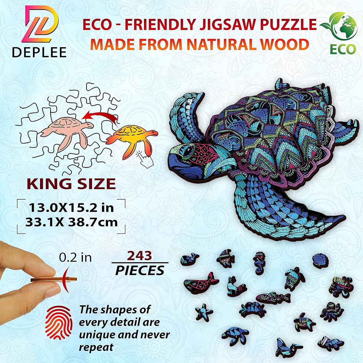 DEPLEE Wooden Puzzle for Adults Turtle Wooden Jigsaw Puzzle Unique Shape Wooden Animal Puzzle Creative Challenge for Adults, Family and Friends - 259 Pieces - 13.03 x 15.27 inches (33.1x38.81cm) - King