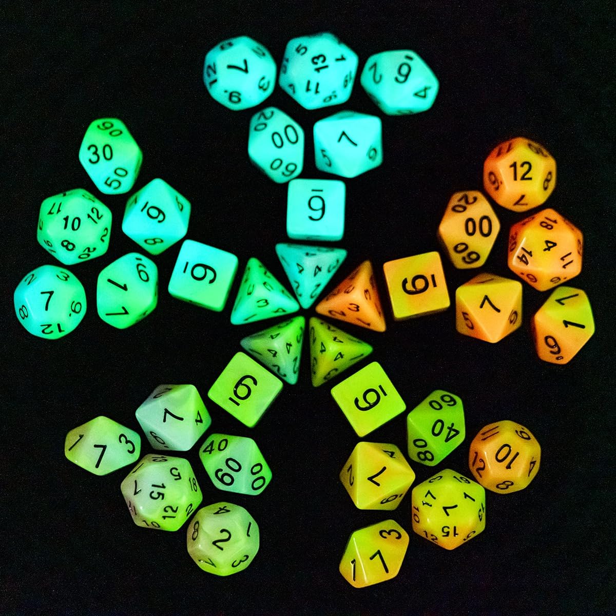 Poludie 5 Sets Glow in the Dark DND Dice 35pcs Luminous Polyhedral Dice Set with 1 Leather Dice Bag, Luminous D&D Dice for Dungeons & Dragons RPG MTG Tabletop Games (5 Sets/35pcs Luminous Dice)