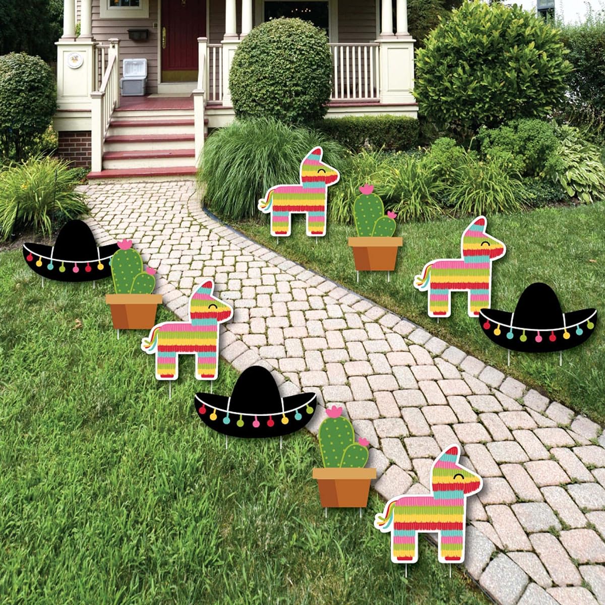 Let's Fiesta - Piñata, Cactus and Sombrero Lawn Decorations - Outdoor Mexican Fiesta Party Yard Decor - 10 Pieces