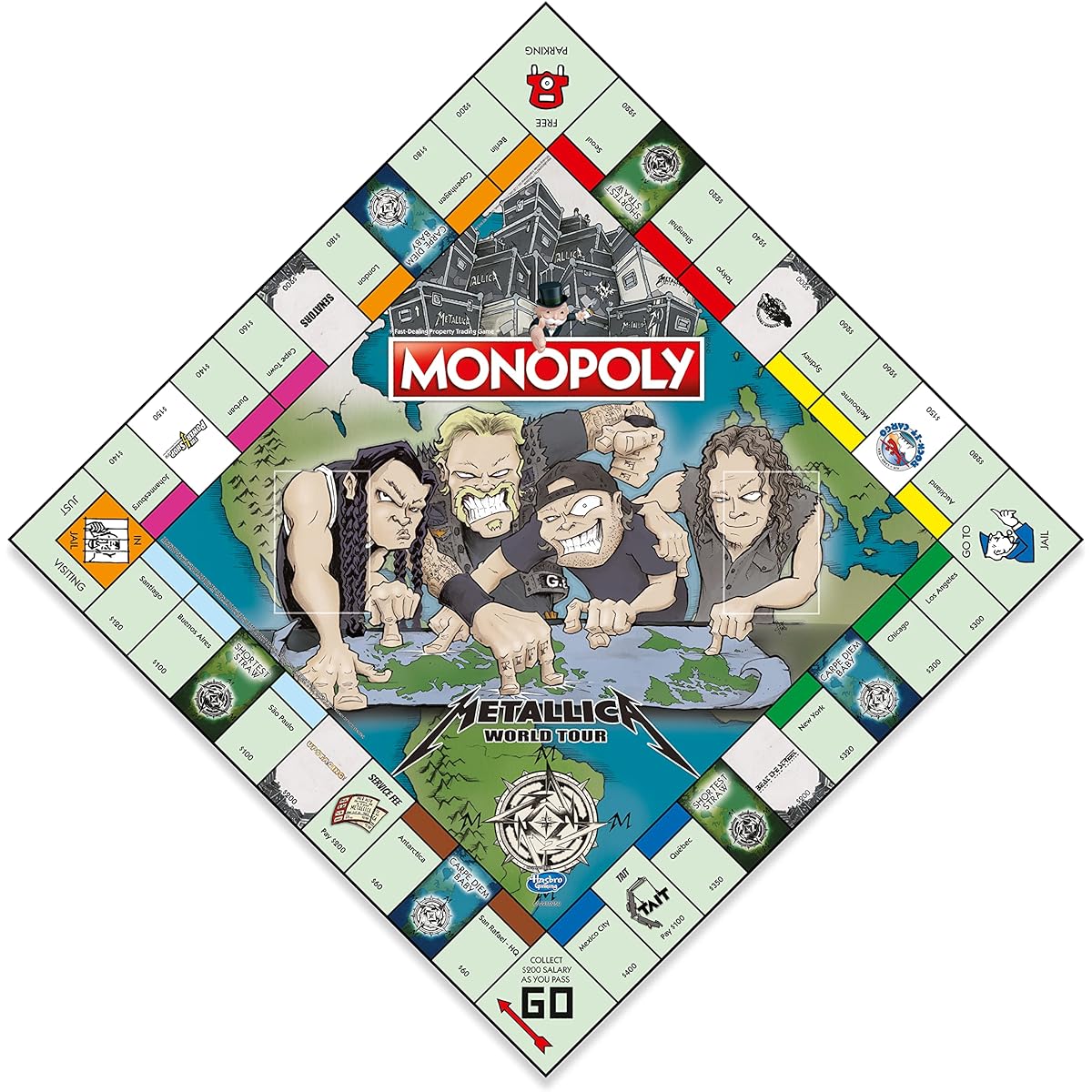 Winning Moves Metallica World Tour Monopoly Board Game Tour around the world including San Paolo, Chicago and Quebec Buy real estate with Metallic Bucks Perfect gift for ages 14 and up