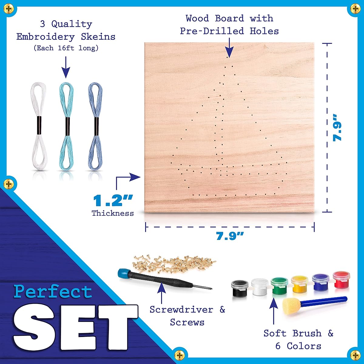 Superkit Boat String Art Kit: 3D Wooden DIY Art Craft Set, Mark Holes, 3 Color Skeins, Screws, Screwdriver, Paint, Foam Brush, For Ages 7+.