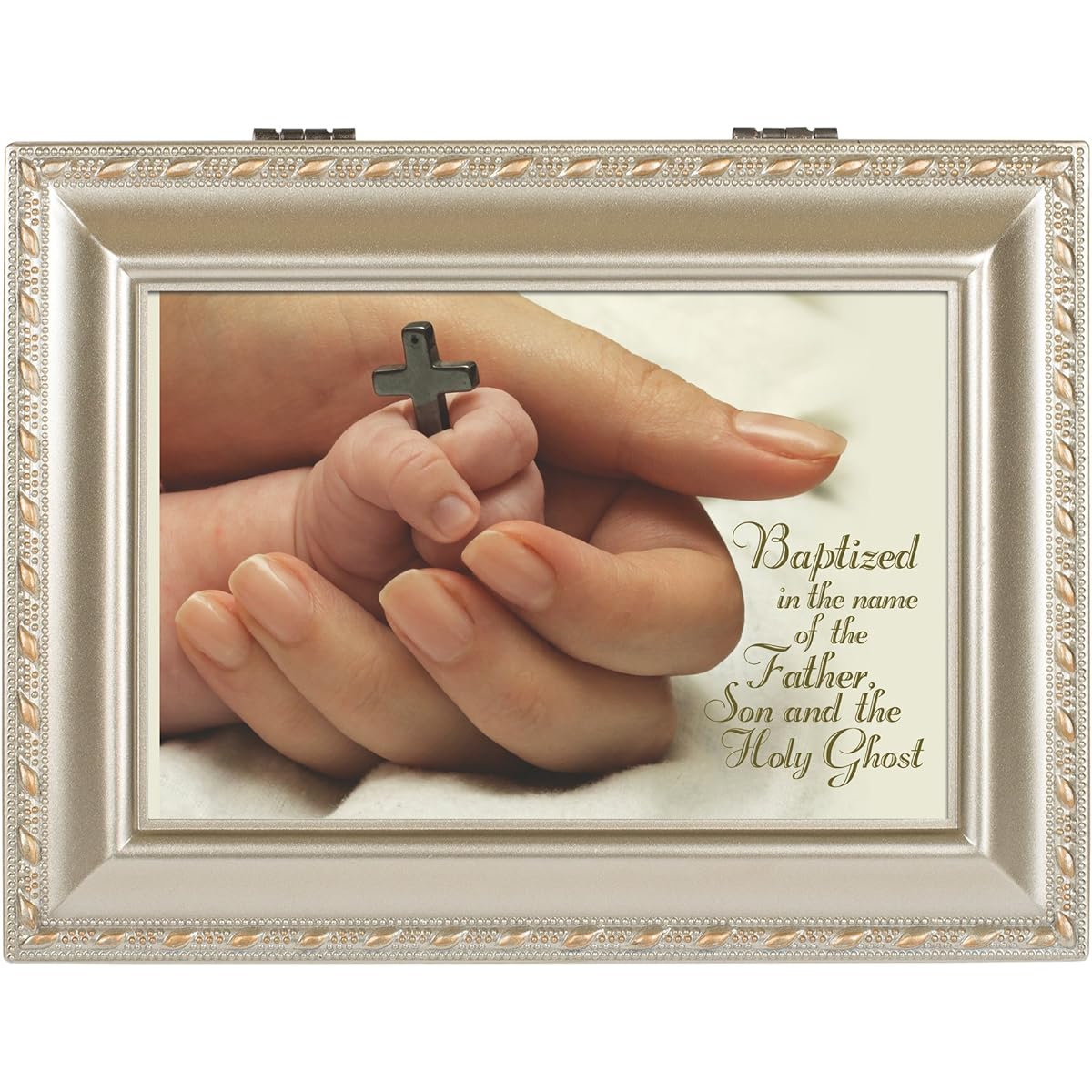 Baptized in the Name of Champagne Silver Jewelry Music Box - Plays Jesus Loves Me
