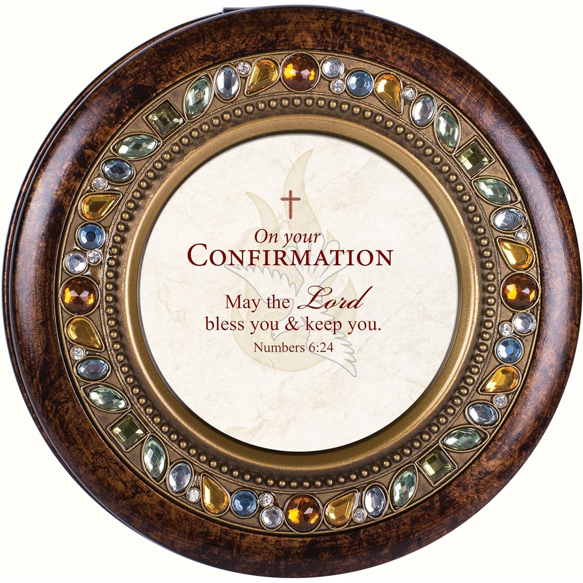 Confirmation Lord Bless You Burlwood Finish Round Jewelled Music Box Plays Tune How Great Thou Art