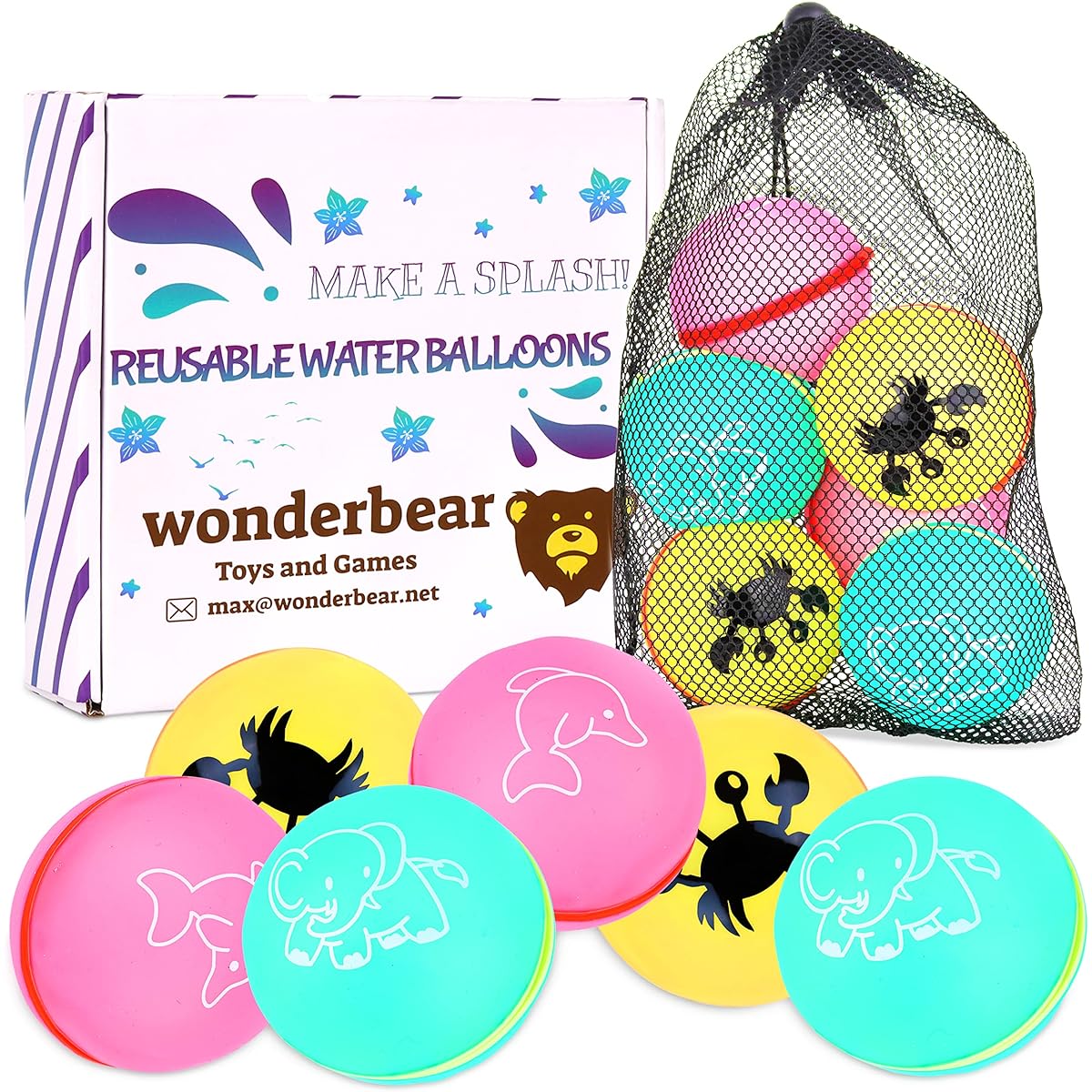 WonderBear 6 Reusable Water Balloons 2023 Design Fun for all ages! Made from soft silicone Latex free Easy to use quick fill, self seal technology Magnetic seal opens on impact.