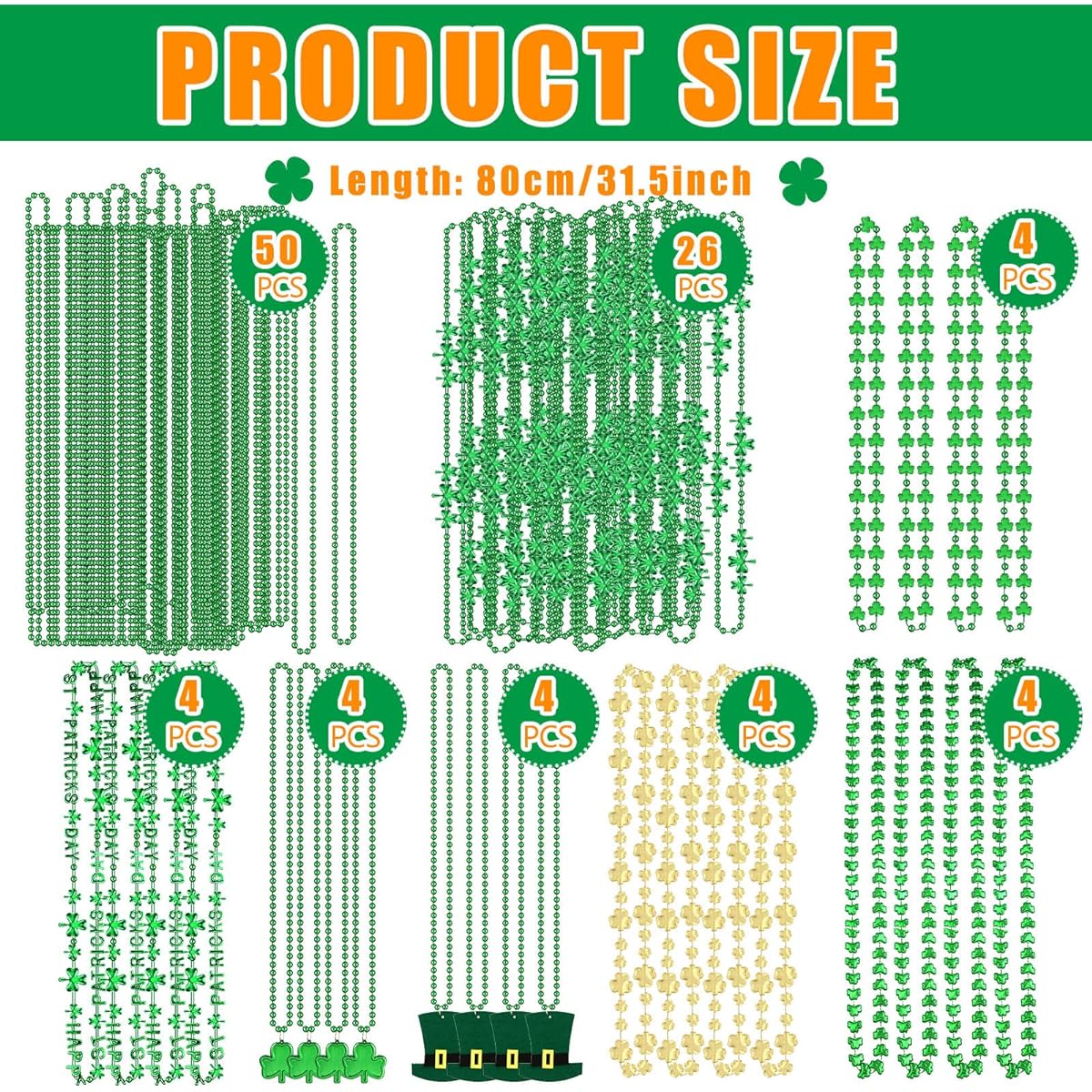 100 Pieces 32 Inch St. Patrick's Day Accessories St. Patrick's Day Shamrock Bead Necklaces Bulk Metallic Green Bead Necklaces Mardi Gras Shamrock Necklaces for Irish Party Favors Costume Jewelry 8 Styles