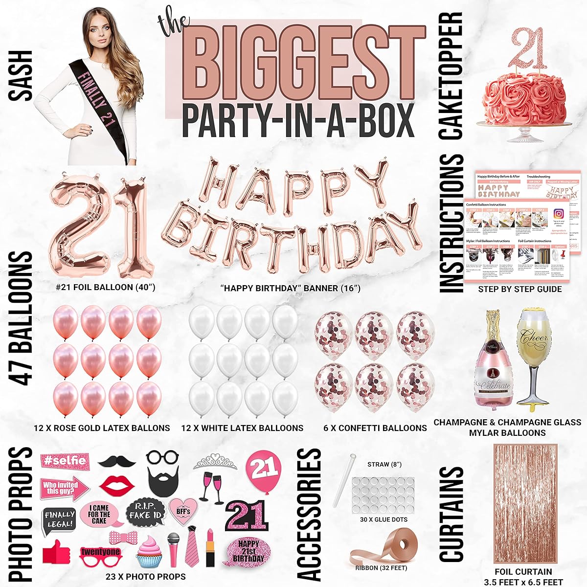 21st Birthday Decorations for Her (75 Pack) Rose Gold Party Banner, Birthday Balloons, Foil Backdrop, Cake Topper, Photo Props, Sash, 21st Birthday Decorations for Women, 21st Birthday Gifts