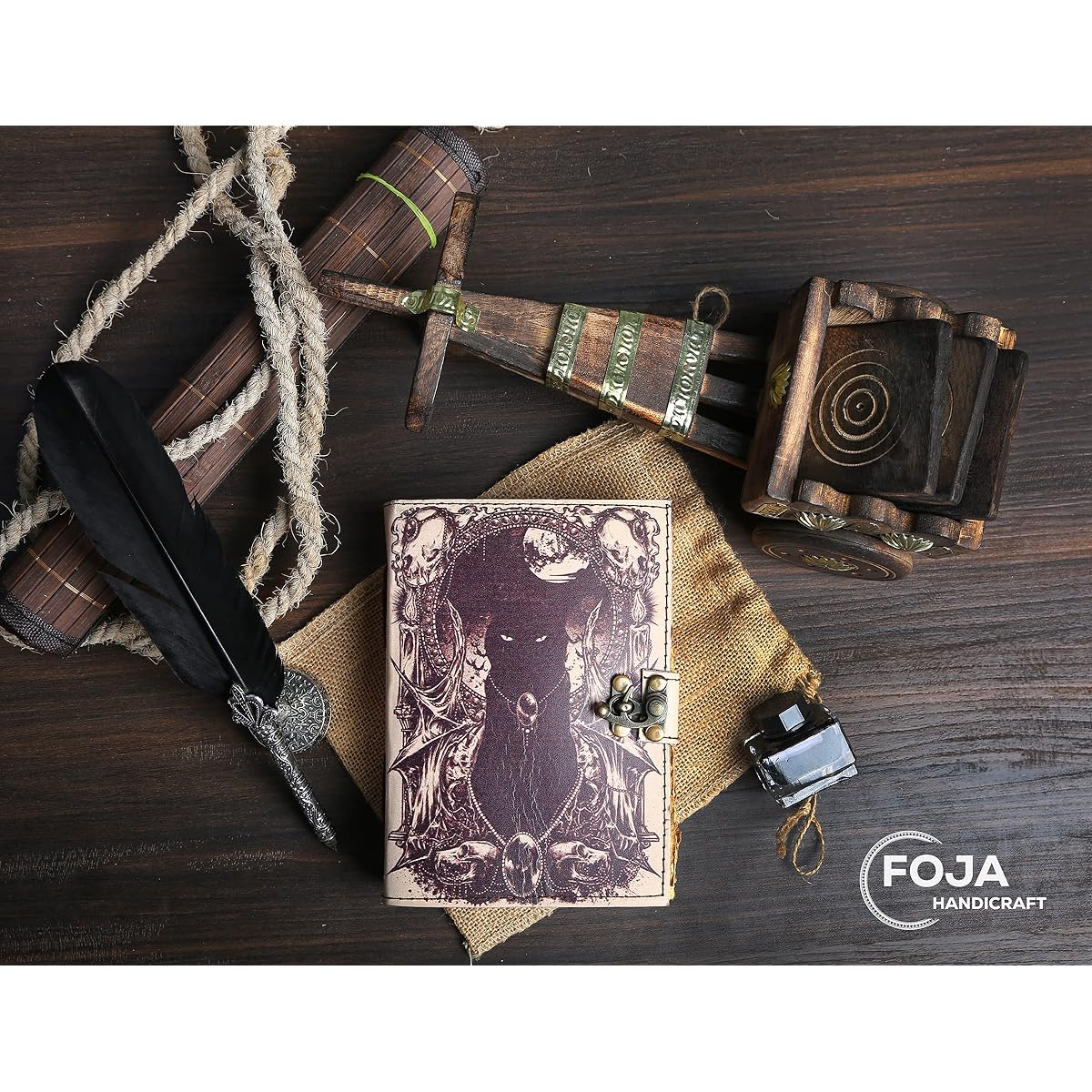 Foja Craft Cat Print Vintage Leather Journal for Men and Women 200 Pages Antique Handmade Deck Edge Vintage Paper Leather Sketchbook Drawing Journal Print Leather Journal Great Gift