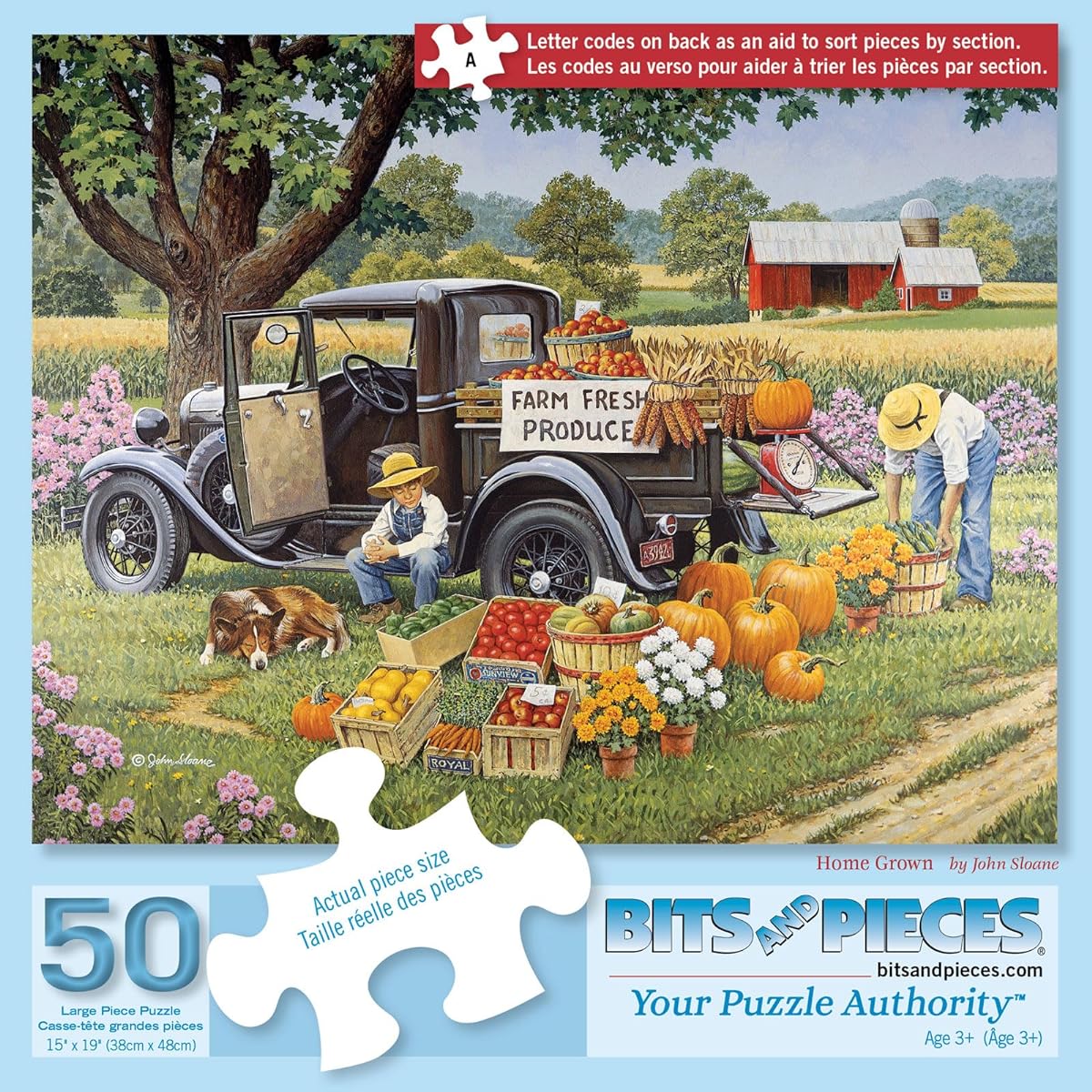 Bits and Pieces - 50 Piece Big Piece Jigsaw Puzzle for Seniors - 15" x 19" - Homemade - 50 Piece Fall On The Farm Large Letter Pieces Jigsaw Puzzle for Mental and Physical Skills by John Sloan