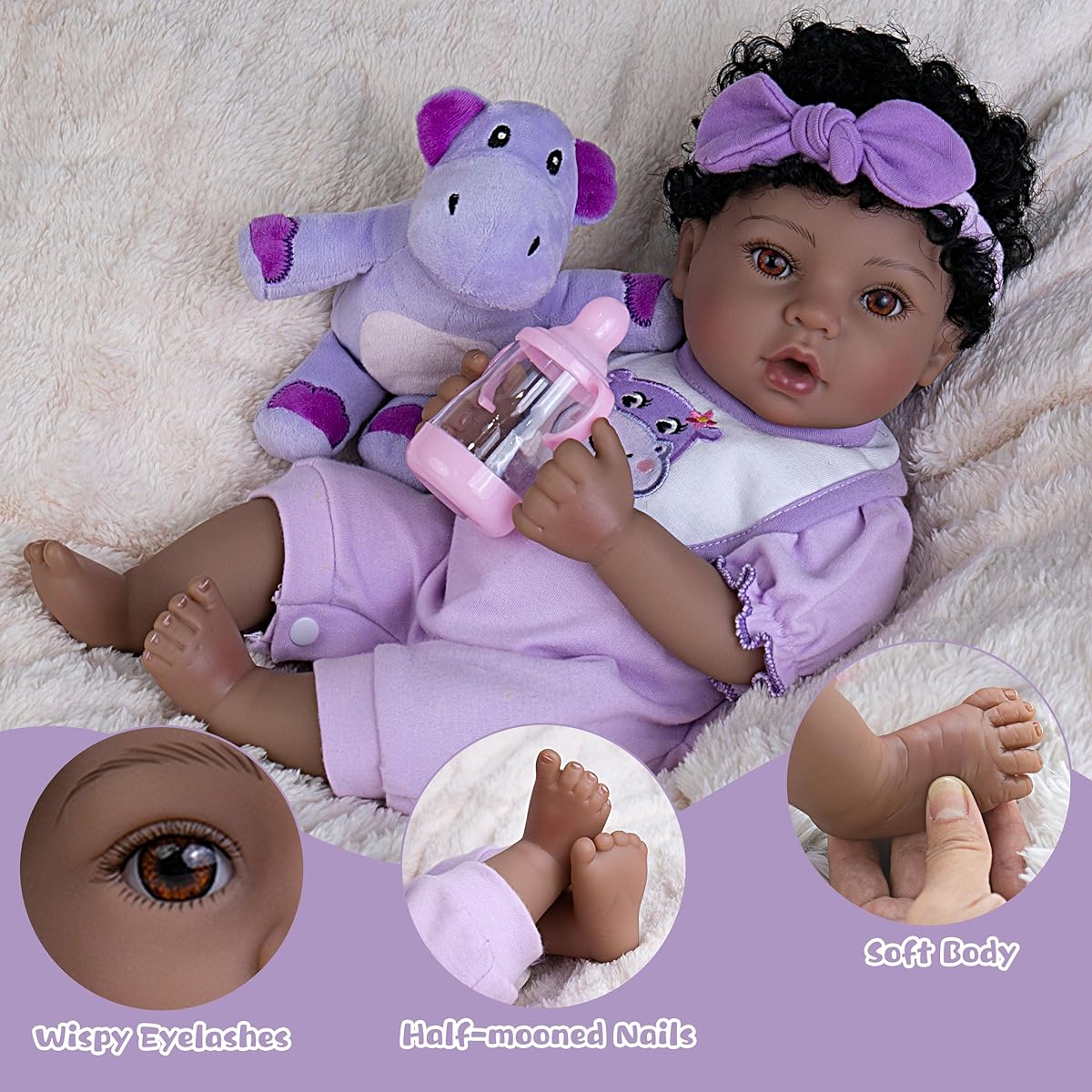 Milidool Reborn Baby Doll Black - 18 Inch African American Lifelike Newborn Baby Girl Doll Black Baby Doll with Purple Basket Gift for Girls