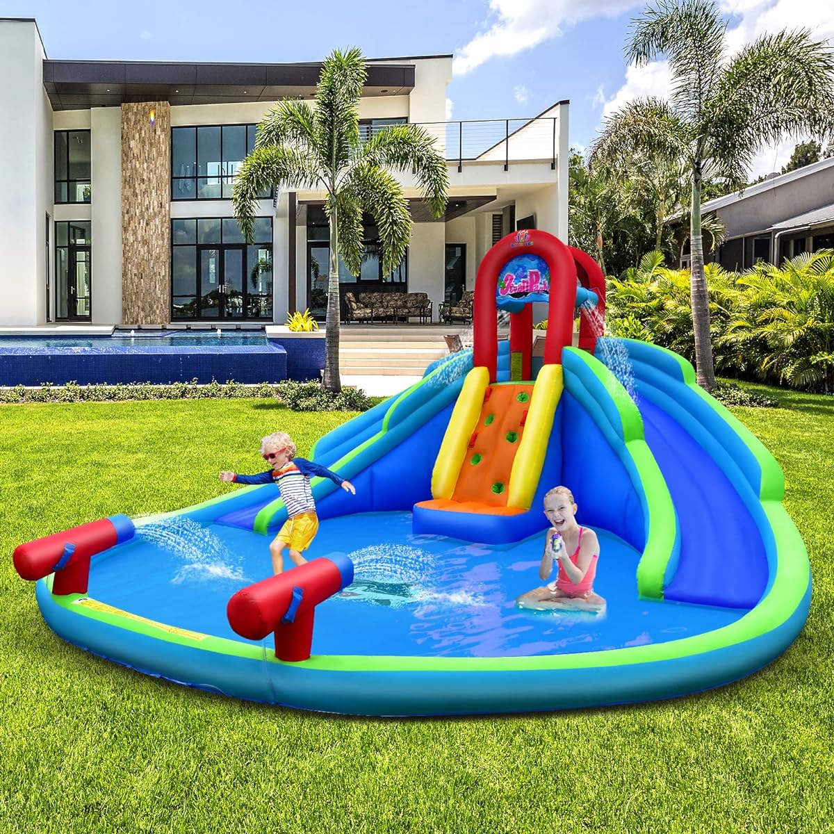 HONEY JOY Inflatable Water Slide for Kids, Jump Bounce House with Long Slide, Climbing Wall, Rugless Splash Pool, Water Cannon & Hose for Summer Fun, Backyard Blow Up Water Park (No Blower)