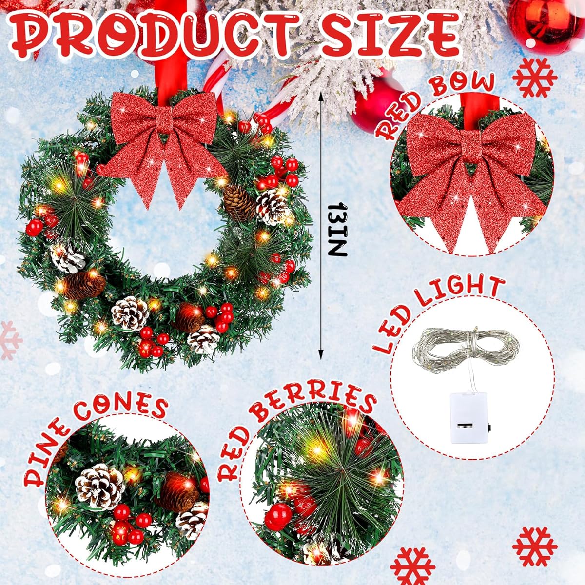 VIHOSE Christmas Wreaths, 4pcs 13inch Artificial Christmas Front Door Wreath Ornaments with LED Lights Christmas Wreath with Red Ribbon, Pine Cones, Red Berries and Pine Needles for Holiday Party Decorations, Battery Operated