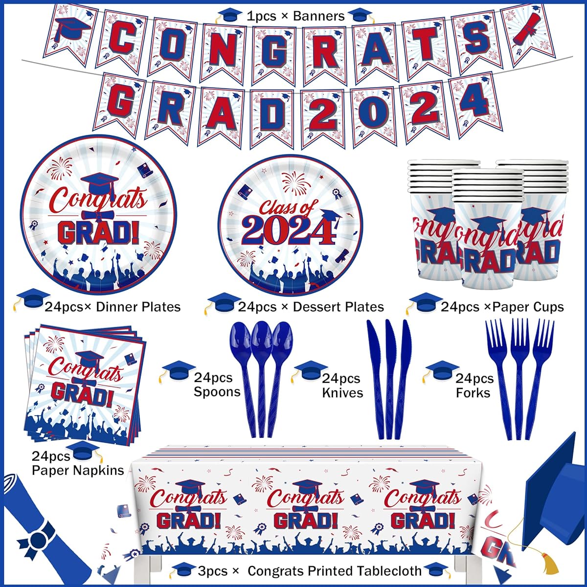 172 Pieces Red Blue White Graduation Party Supplies for 24 Disposable 2023 Graduation Celebration Tableware Set - Congrats Grad Paper Dinner Plates Dessert Plates Cups Napkins Cutlery Tablecloth Banner