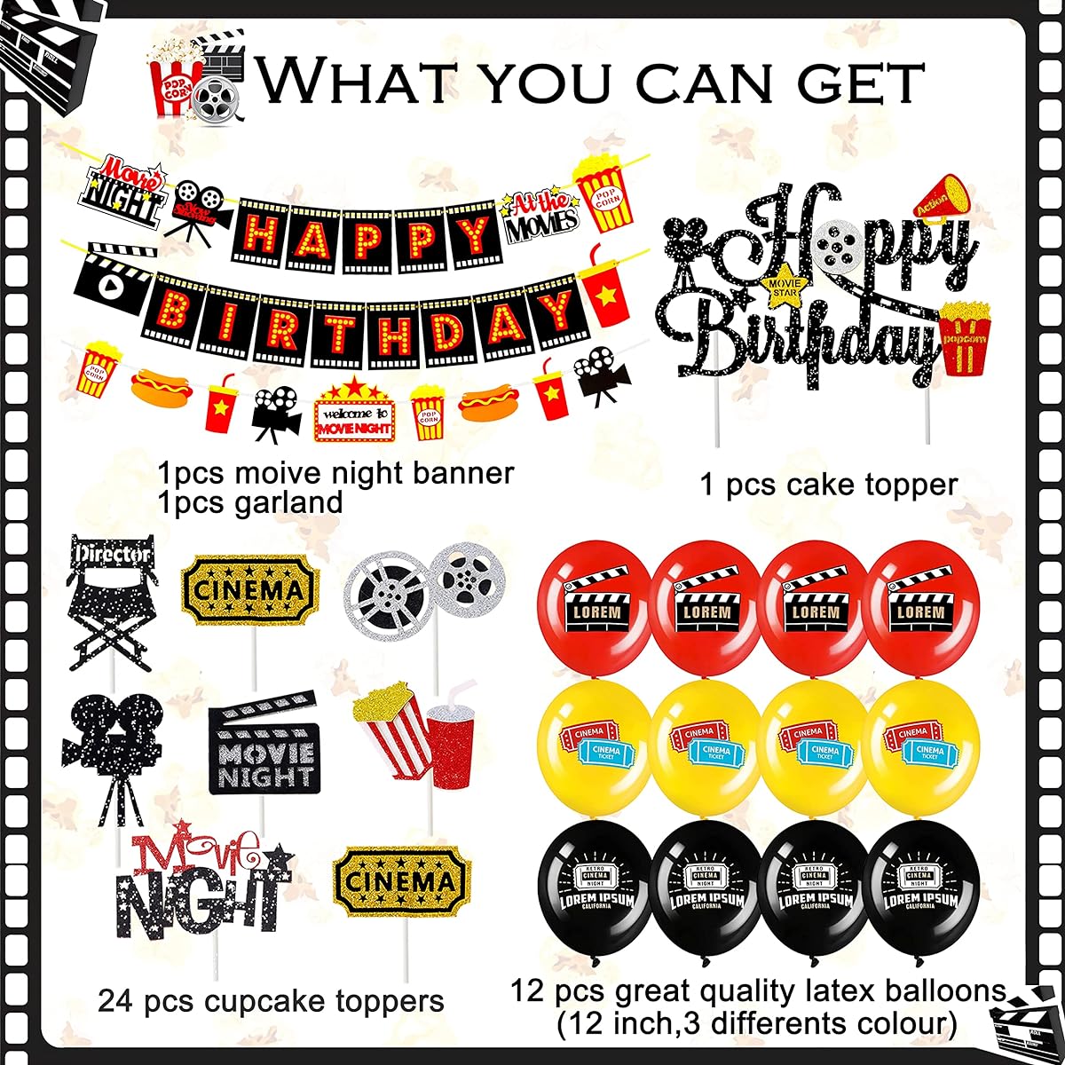 Movie Birthday Party Decorations, Movie Night Happy Birthday Banner, Foil Latex Balloons, Cake Cupcake Toppers, Movie Theme Party Supplies