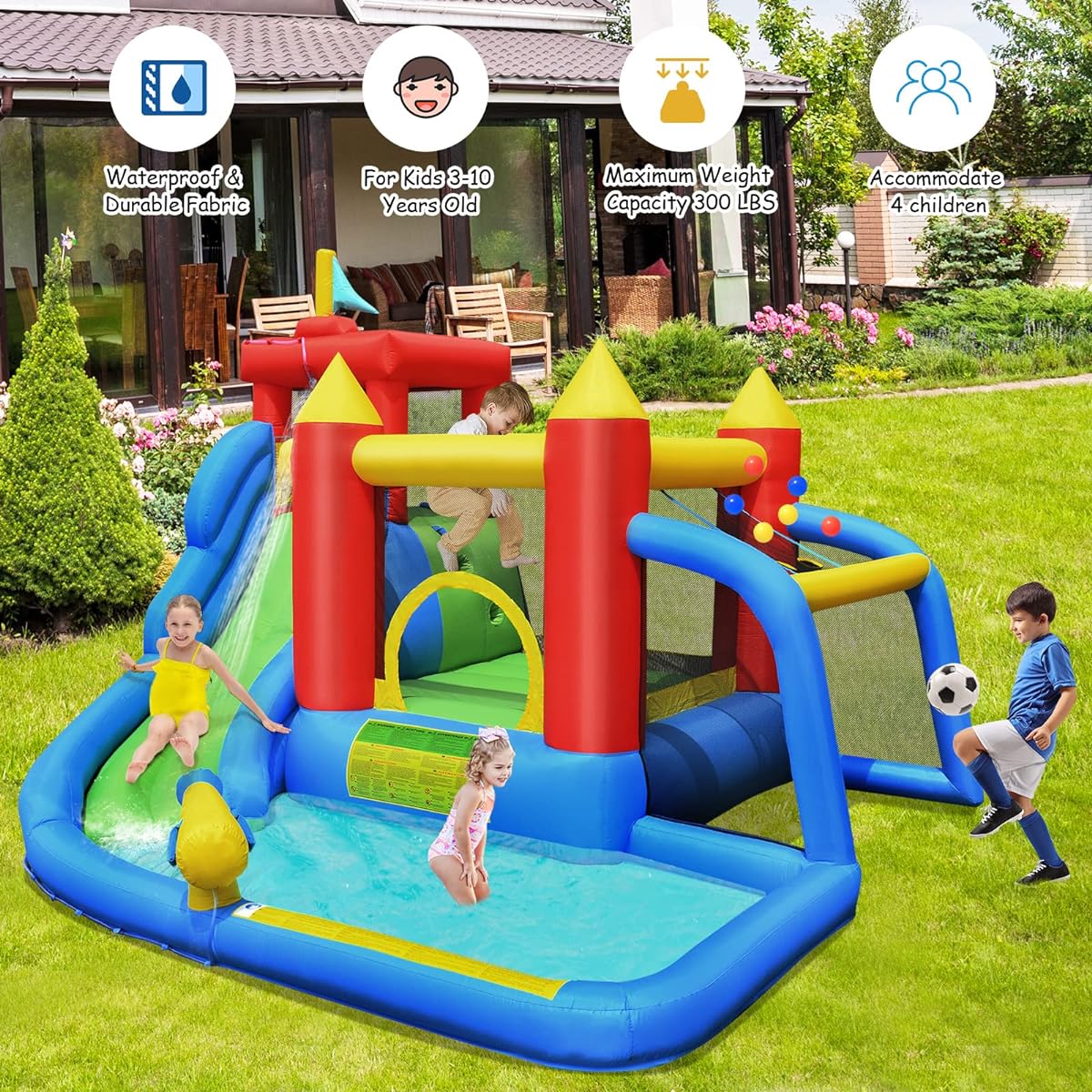 HONEY JOY Inflatable Water Slide 7 in 1 Toddler Giant Blow Up Bouncy Water Park with Soccer Ball Gate Outdoor Water Bounce House Water Slide Inflatable for Kids and Adults Backyard (GFCI 750W Blower)