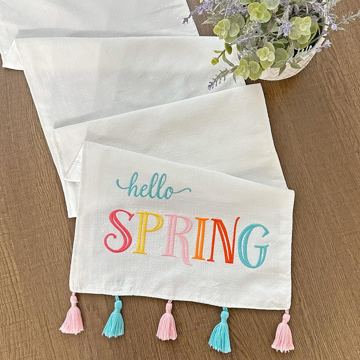 Decorae Spring Table Runner "Hello Spring" Easter and Seasonal Fabric Table Decor, 71 x 13 Inch
