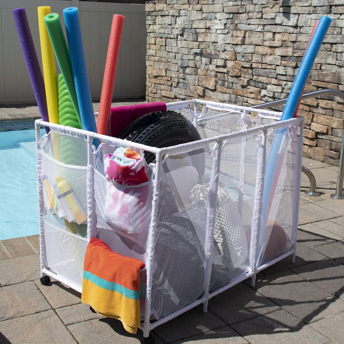 Pool Bin Pool Noodle Holder Toy Float Ball Float Equipment Mesh Rolling Storage Organizer Extra Large (30" L x 47" W x 34" H) White