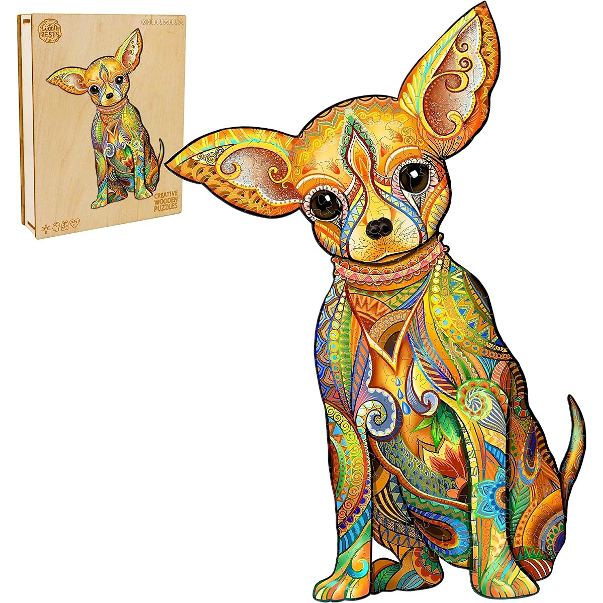 WOODBESTS Wooden Jigsaw Puzzles for Adults and Kids - Chihuahua Puzzle, Wooden Animal Puzzle, Wooden Cutting Puzzle, Dog Challenge Puzzle, Birthday Gift, Home Decoration, Family Game (S, 6.3 x 9 Inch, 74 Pieces)