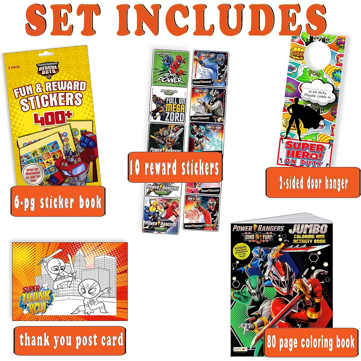 POWER RANGERS DINO CHARGE Colouring Book and Stickers Super Set Bundle Dino Chargers Colouring Book with Power Rangers Dino Chargers Stickers & Specialty Door Hanger