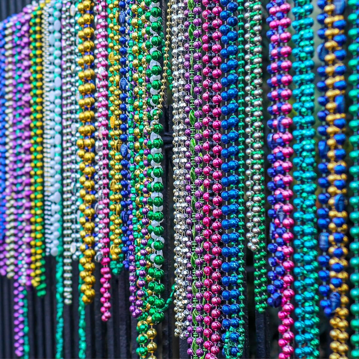 4E's Novelty Bulk 144 (12 Dozen) Mardi Gras Bead Necklaces, 33" Long, 6mm Thick, Round Metallic, 12 Colors, Great Party Favors Necklaces, Gasparilla Costume Accessories Supplies