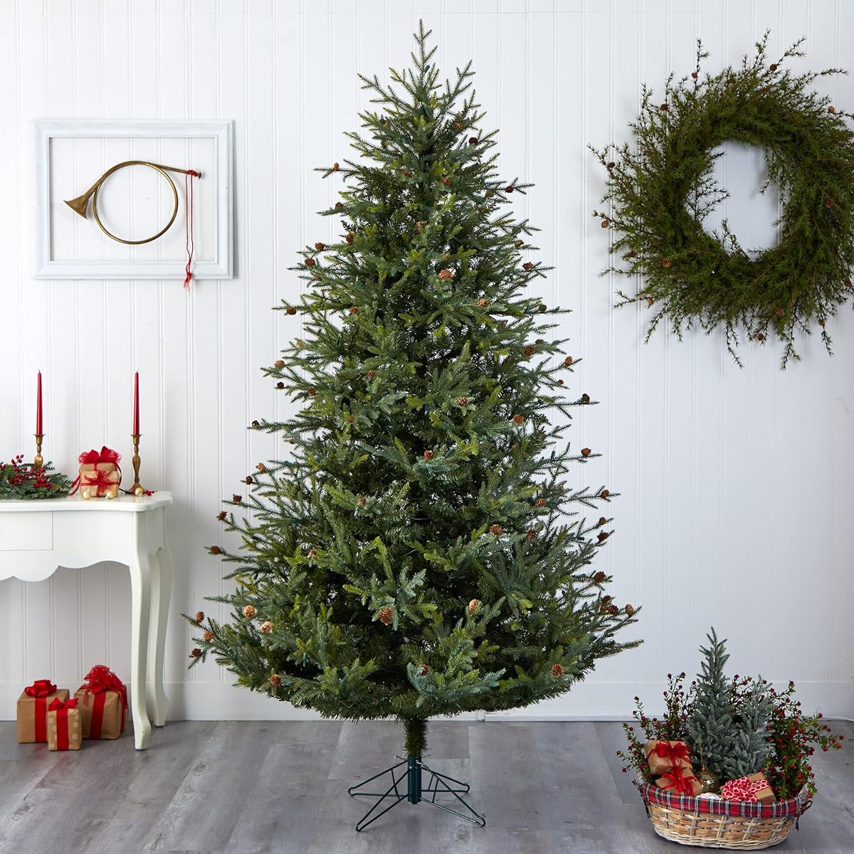 Nearly Natural 5373 7.5' Classic Pine and Pine Cone Christmas Tree, Green