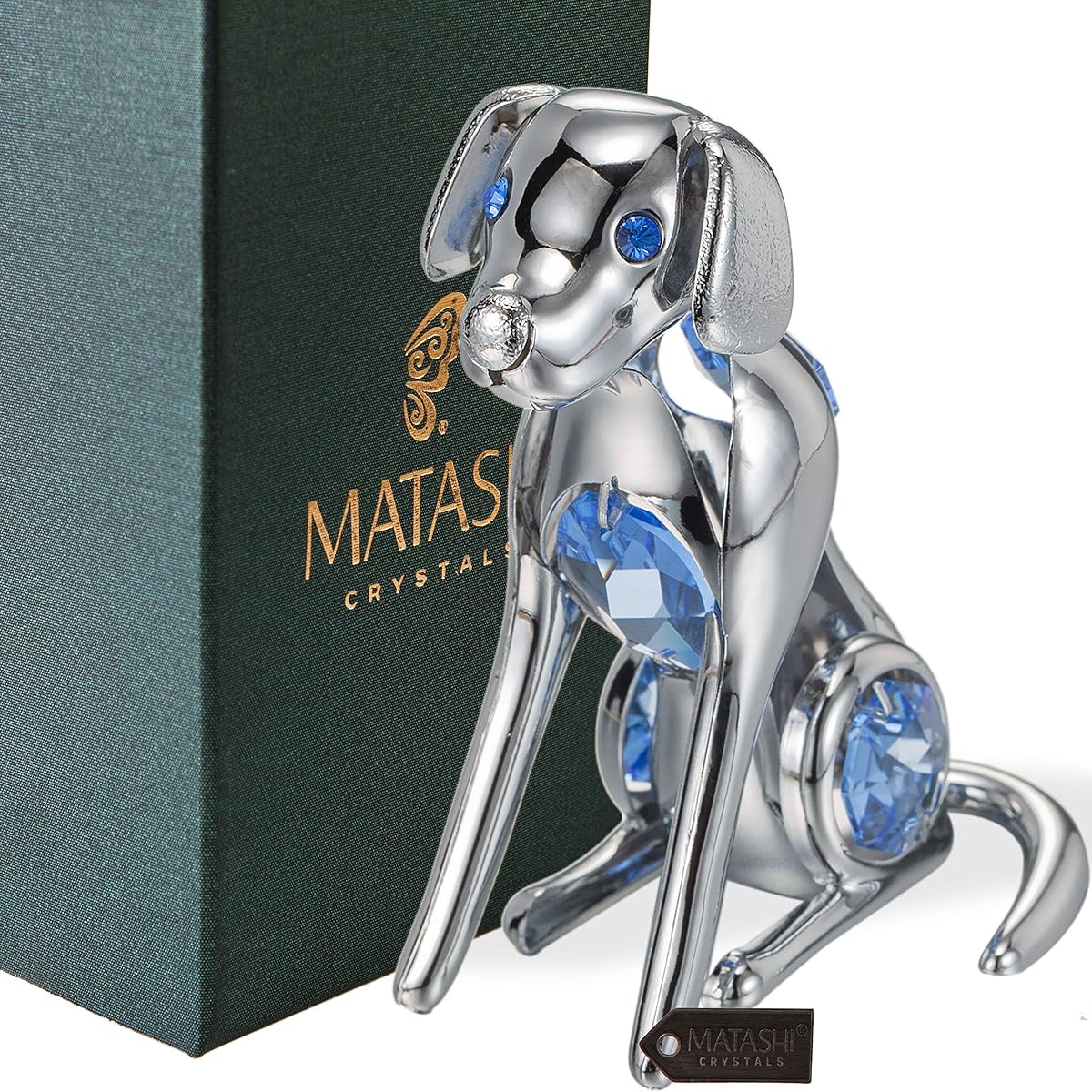 Matashi Chrome Plated Silver Dog with Blue Crystal